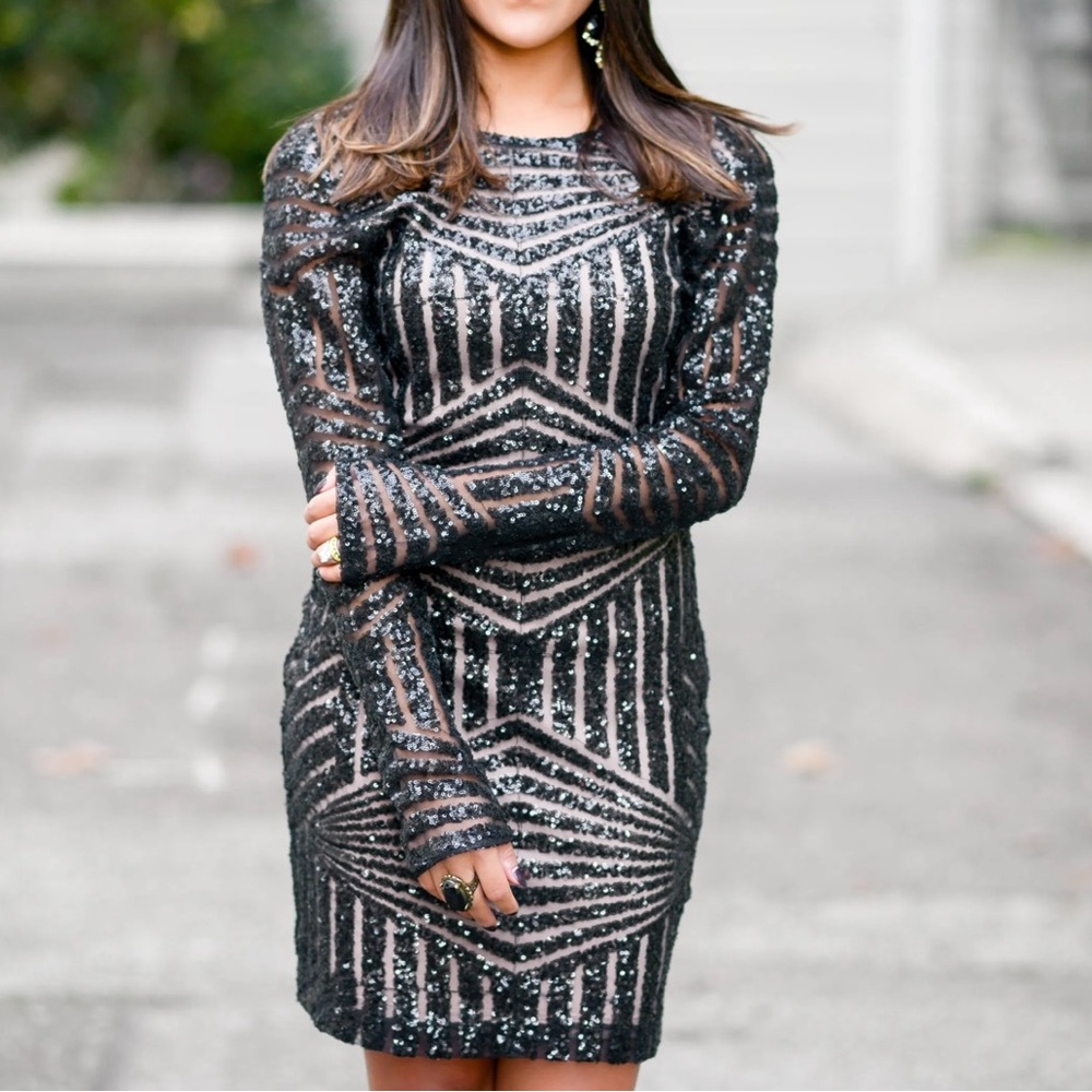 Adelyn Rae - Elegant Long Sleeve Black Sequin Dress